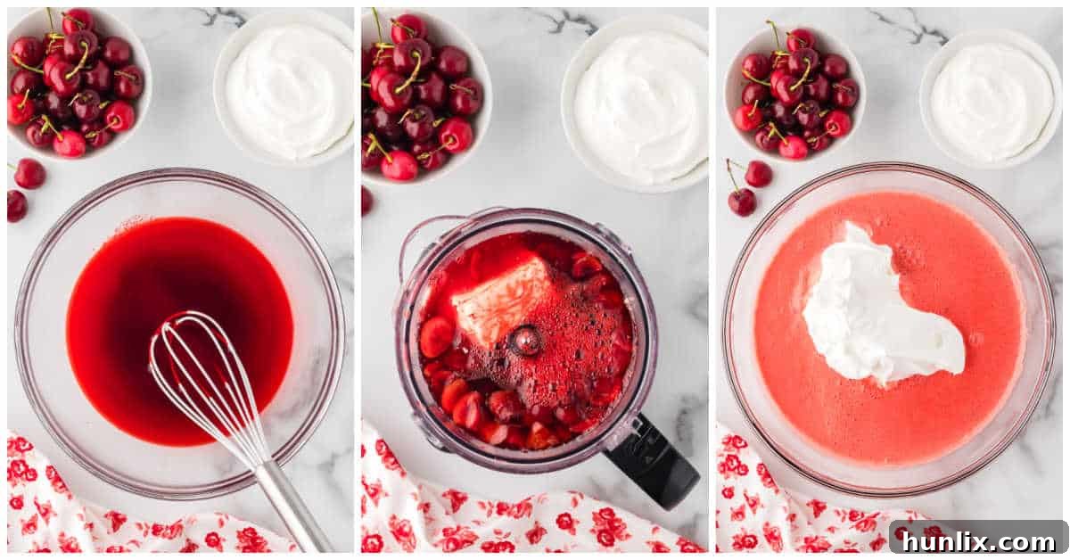 Velvet Cherry Dream 4 Three images showing the step-by-step process of making cherry mousse: dissolving jello, blending ingredients, and folding in whipped topping.