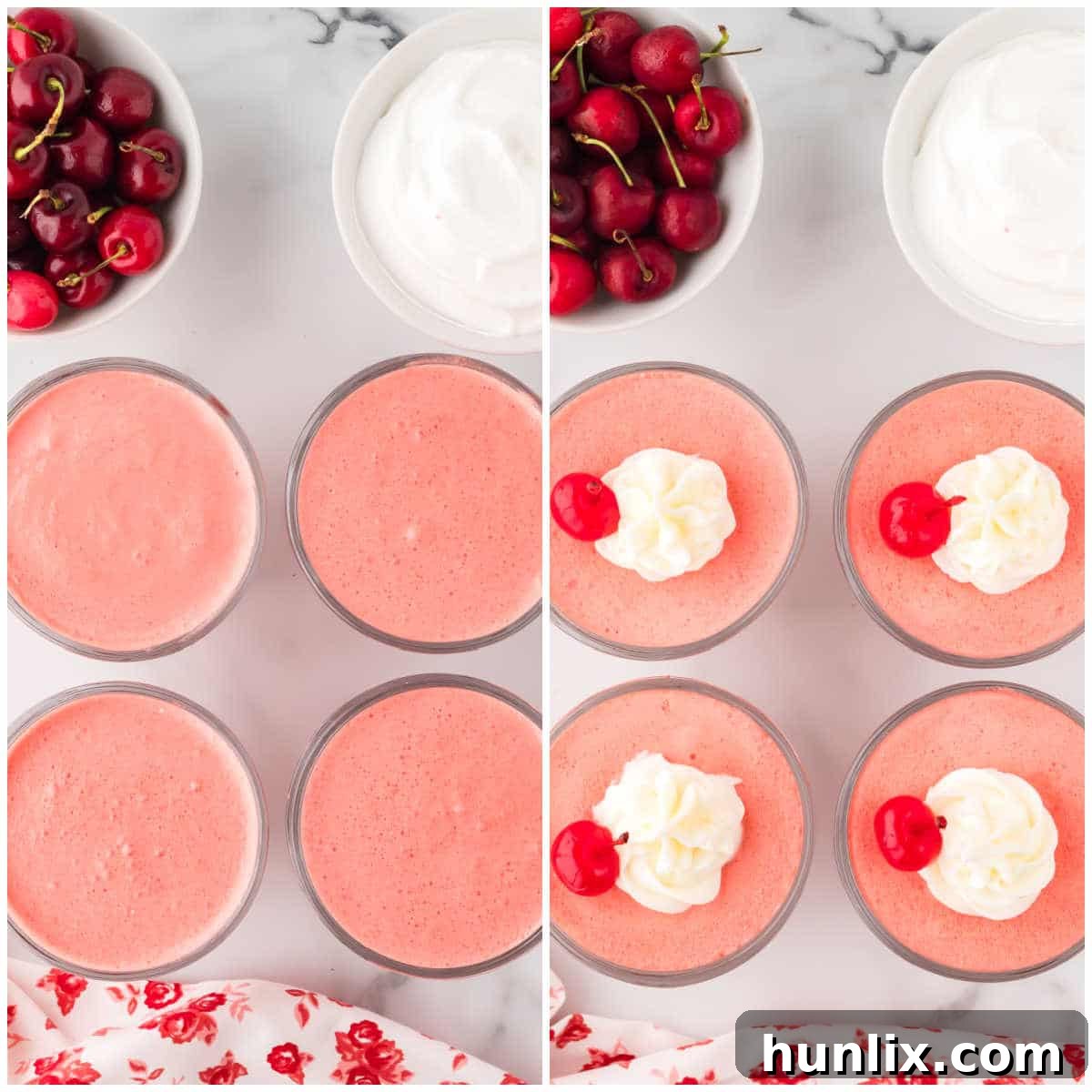 Velvet Cherry Dream 5 Two images demonstrating the final steps of preparing cherry mousse: spooning into dessert dishes and chilling in the refrigerator.
