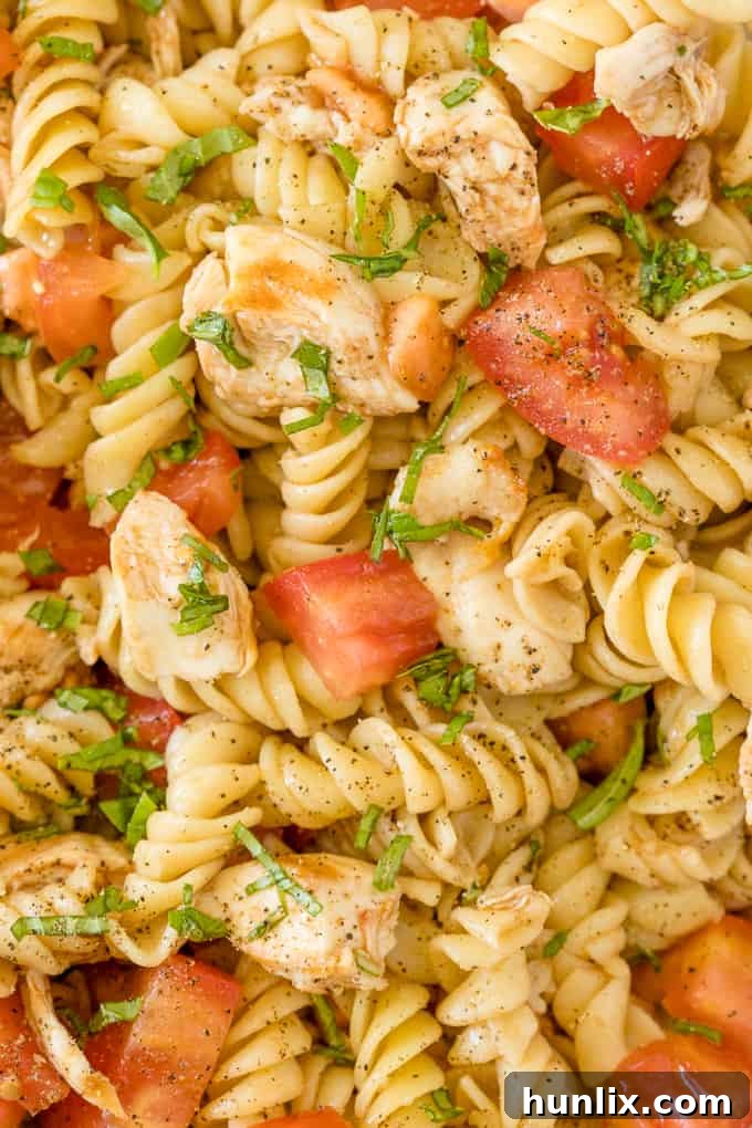A bowl of Bruschetta Chicken Pasta Salad garnished with fresh basil leaves.