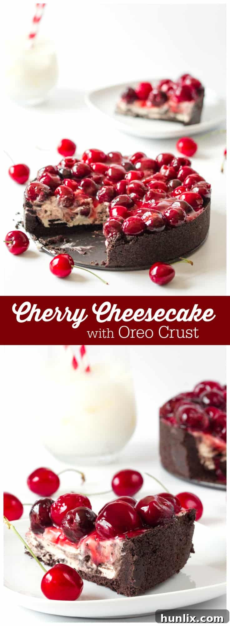 Decadent Cherry Oreo Cheesecake 11 Cherry Cheesecake with Oreo Crust - Chocolate and cherry combine for this decadent dessert! The sweet cheesecake filling melds perfectly with the crunchy cookie crust for a delicious and beautiful treat.