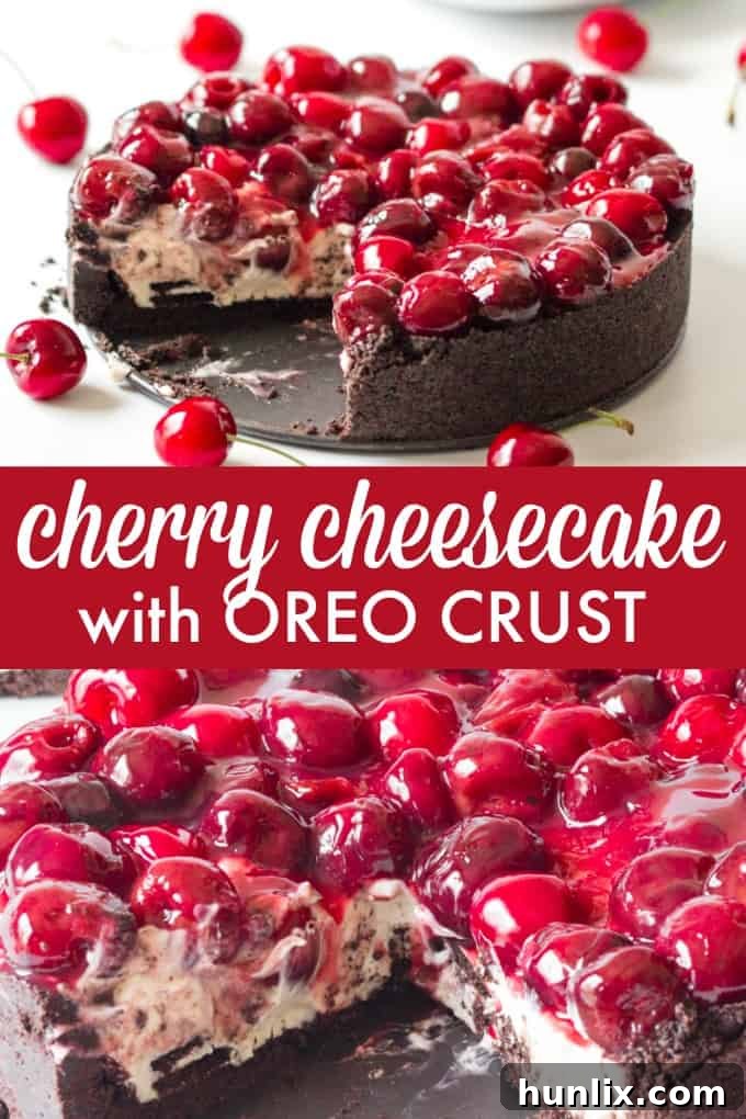 Decadent Cherry Oreo Cheesecake 3 Cherry Cheesecake with Oreo Crust - Chocolate and cherry combine for this decadent dessert! The sweet cheesecake filling melds perfectly with the crunchy cookie crust for a delicious and beautiful treat.