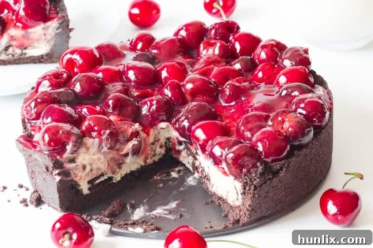 Decadent Cherry Oreo Cheesecake 8 Cherry Cheesecake with Oreo Crust - Chocolate and cherry combine for this decadent dessert! The sweet cheesecake filling melds perfectly with the crunchy cookie crust for a delicious and beautiful treat.