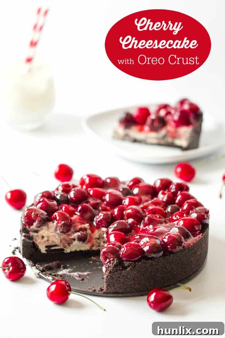 Decadent Cherry Oreo Cheesecake 9 Cherry Cheesecake with Oreo Crust - Chocolate and cherry combine for this decadent dessert! The sweet cheesecake filling melds perfectly with the crunchy cookie crust for a delicious and beautiful treat.