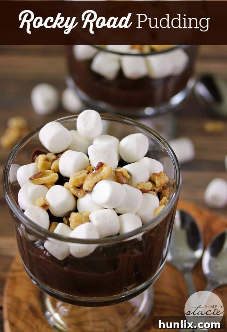 Decadent Rocky Road Delight 4 Rocky Road Pudding - Indulge in this decadent chocolate dessert made with creamy homemade chocolate pudding and topped with marshmallows and walnuts!