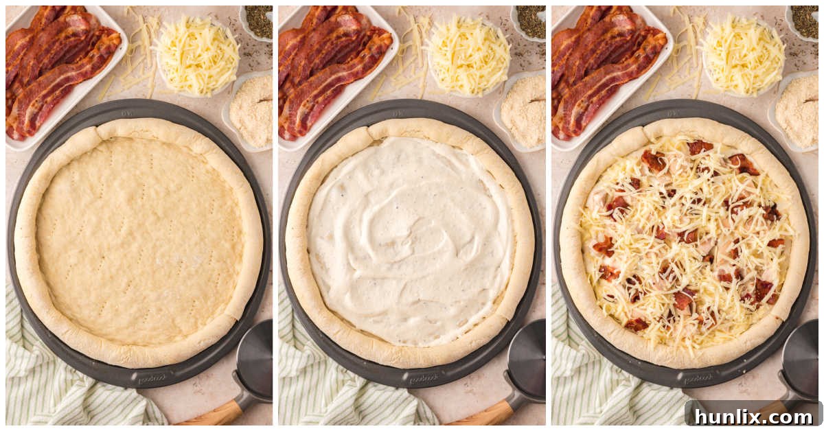 Signature Chicken Caesar Pizza 4 A collage showing the step-by-step process of assembling a Chicken Caesar Pizza, from crust to toppings.