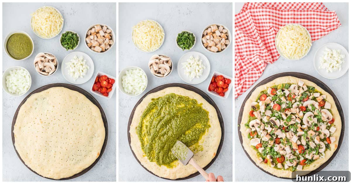 A collage showing the steps of spreading pesto sauce and adding chicken, vegetables, and basil to a pizza crust.