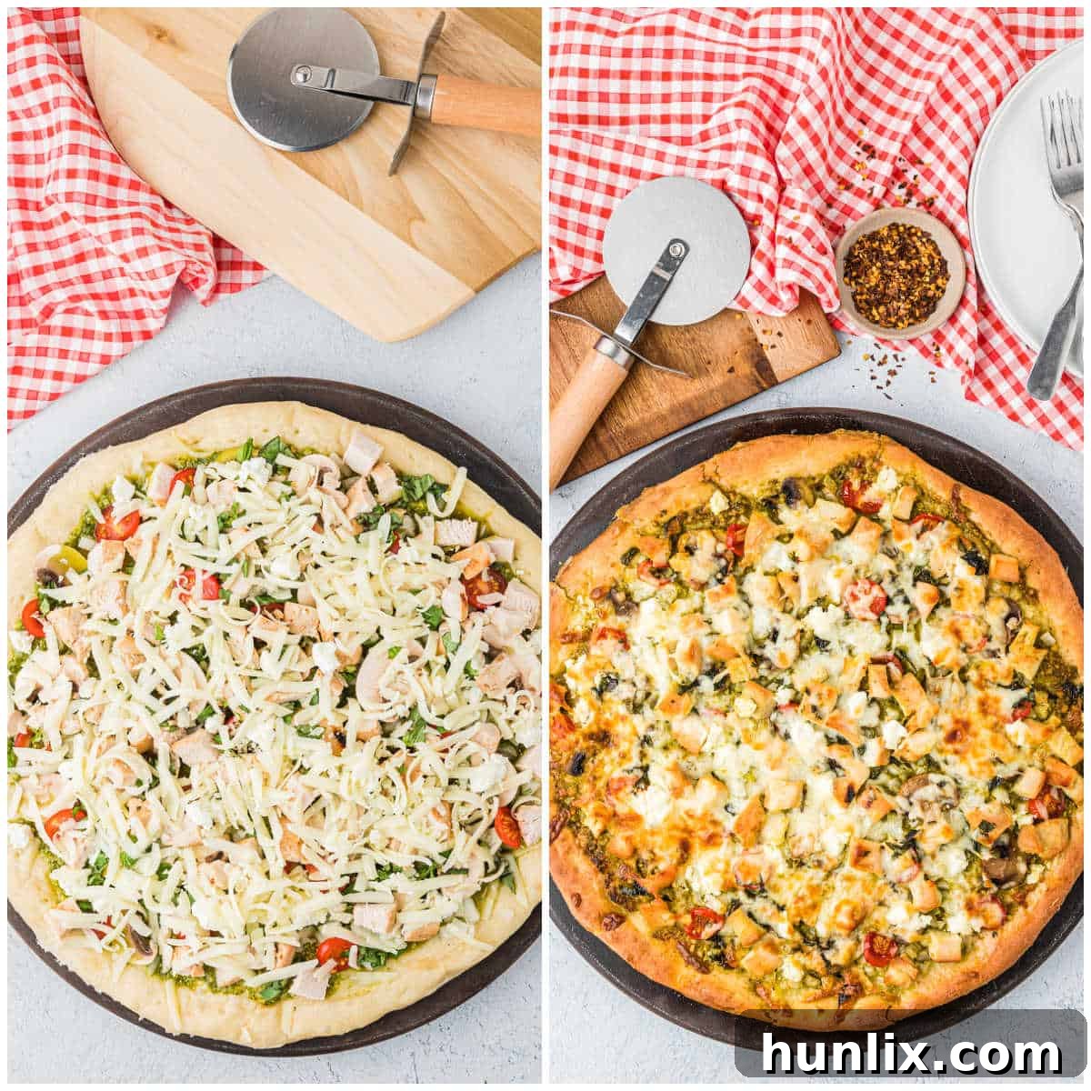 A collage depicting the baking process of the chicken pesto pizza, showing it in the oven and then freshly out.