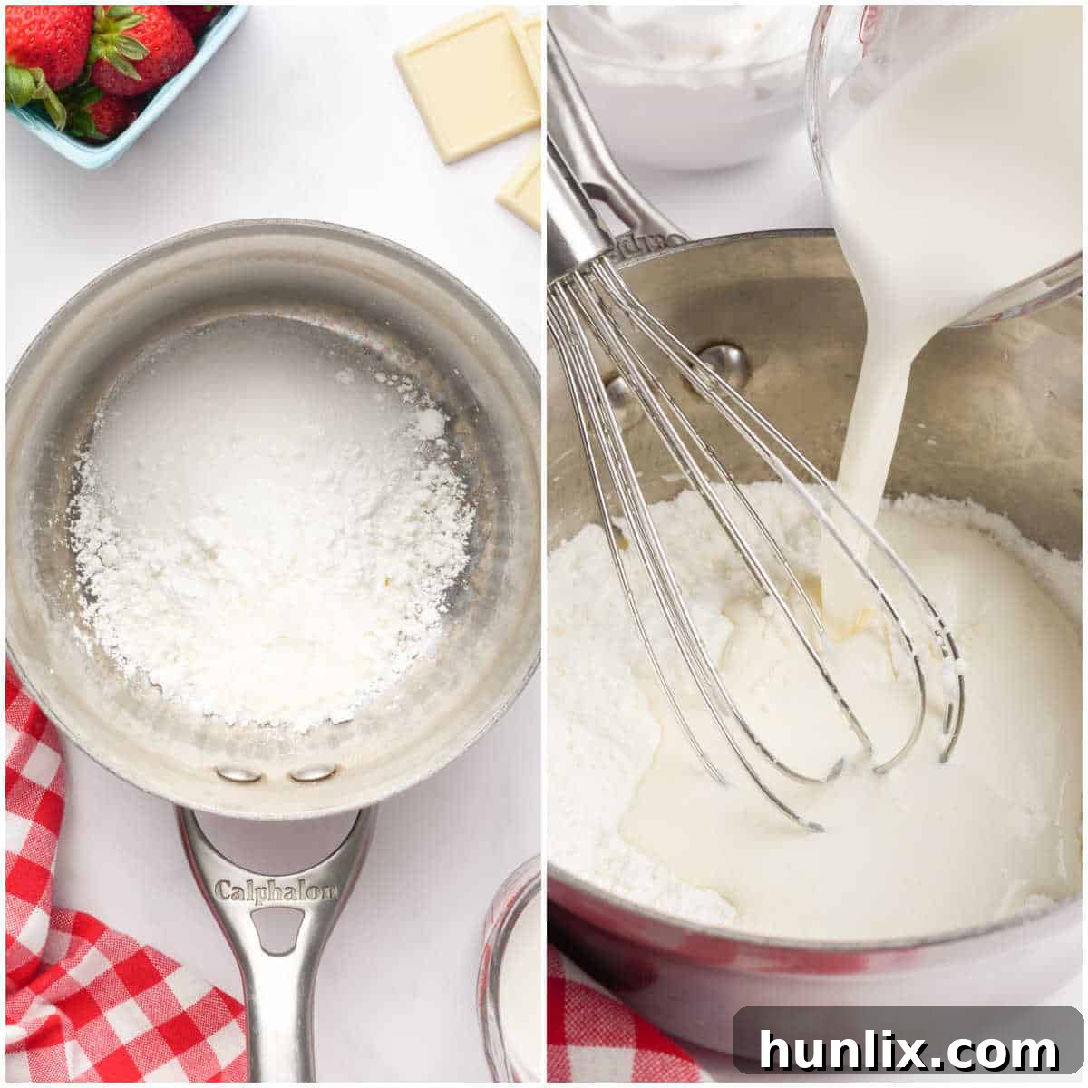 Illustrative steps showing the cooking process of white chocolate pudding in a saucepan.