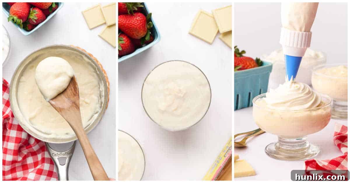 The finished white chocolate pudding chilling in dishes, ready for garnish.