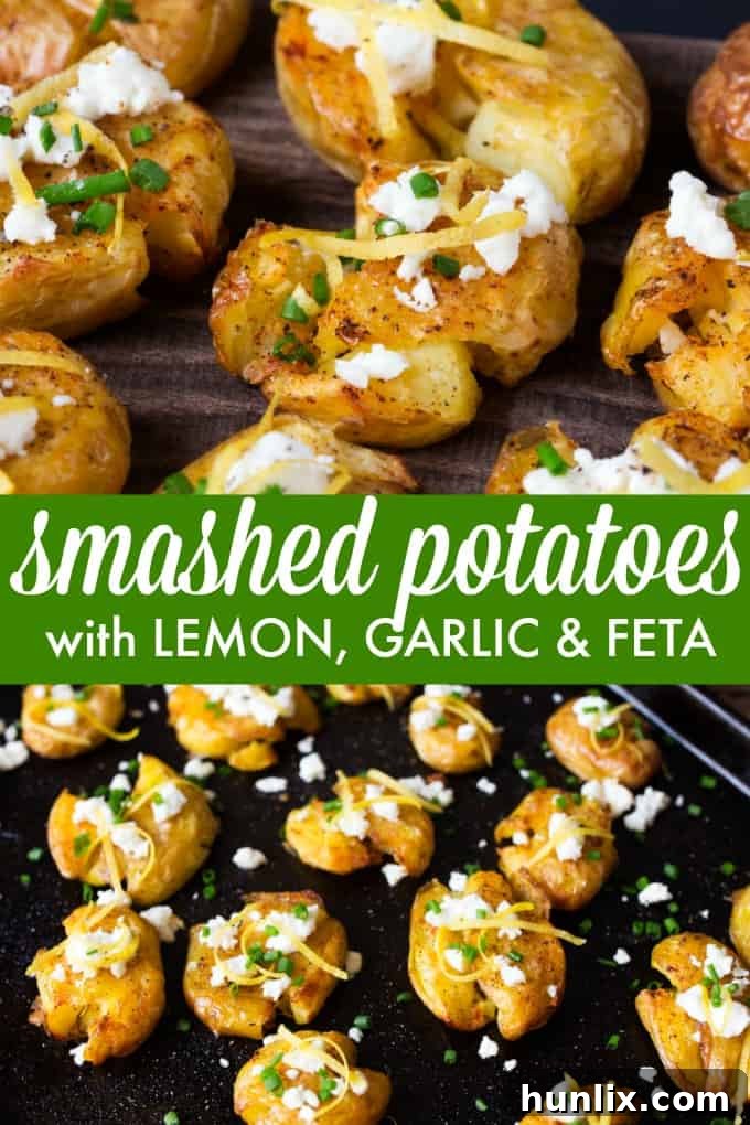 Mediterranean Smashed Potatoes with Lemon, Garlic and Feta 4 A collage showing the preparation and final serving of Smashed Potatoes with Lemon, Garlic, and Feta, highlighting their crispy texture.