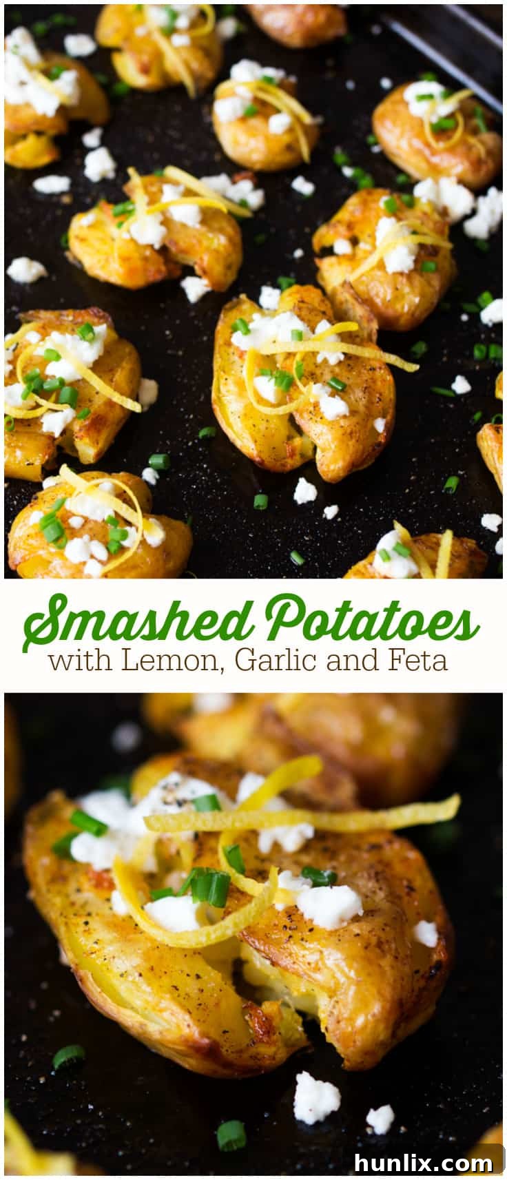 Mediterranean Smashed Potatoes with Lemon, Garlic and Feta 6 A visual summary of Smashed Potatoes with Lemon, Garlic, and Feta, emphasizing the vibrant flavors and crispy texture.