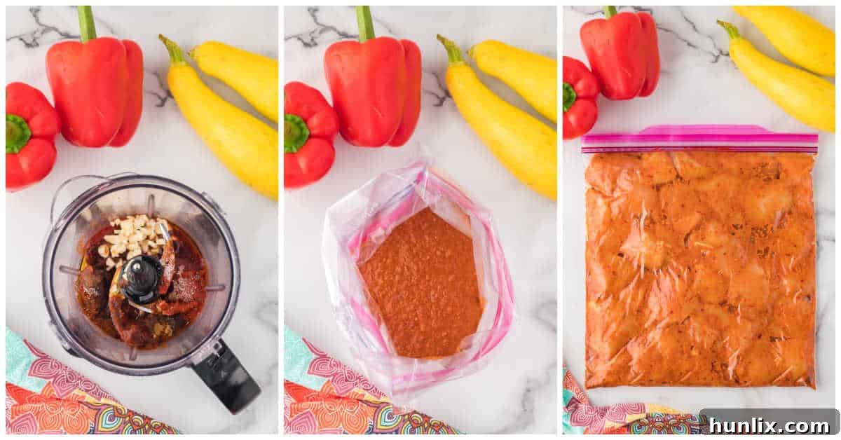 Preparation steps for chipotle chicken skewers, showing chicken marinating and vegetables chopped.