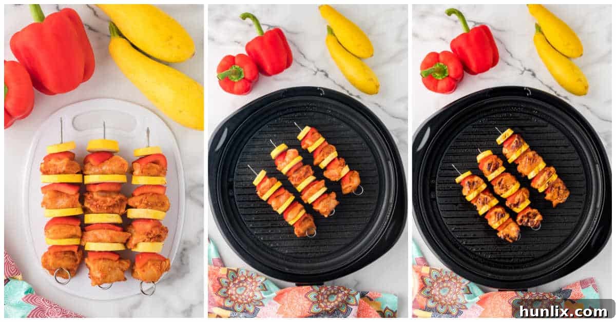 Assembled chipotle chicken skewers ready for grilling, showcasing the colorful ingredients.