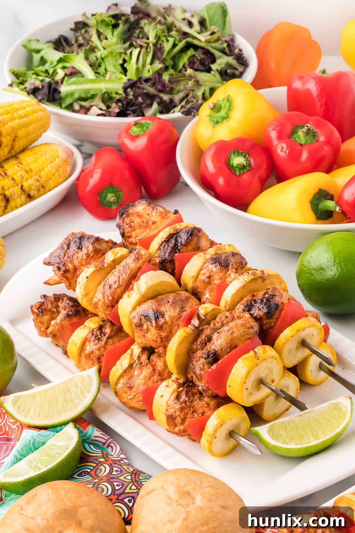 Close-up of chipotle chicken skewers on a serving platter, showing the vibrant colors and charred texture.