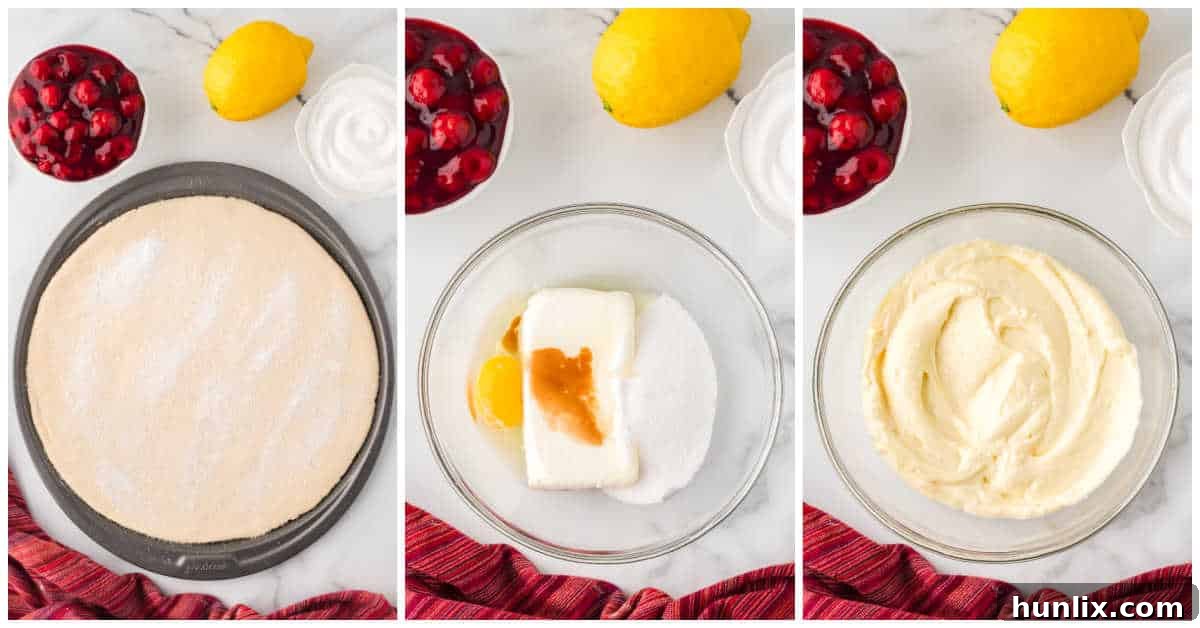 Collage showing pizza dough being spread on a pan and cheesecake ingredients being mixed in a bowl.