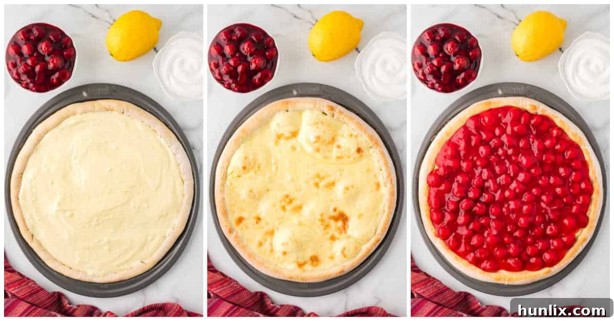 Collage depicting the spreading of cheesecake filling on pizza crust and the pizza baking in the oven.
