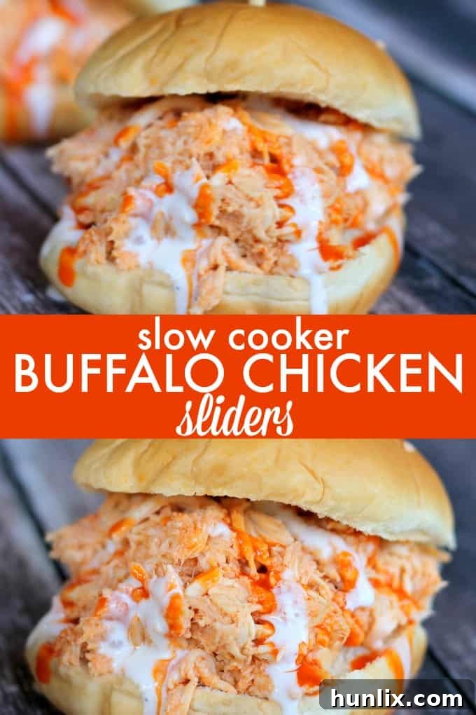 Collage of Slow Cooker Buffalo Chicken Sliders images, showcasing the preparation and final delicious dish.