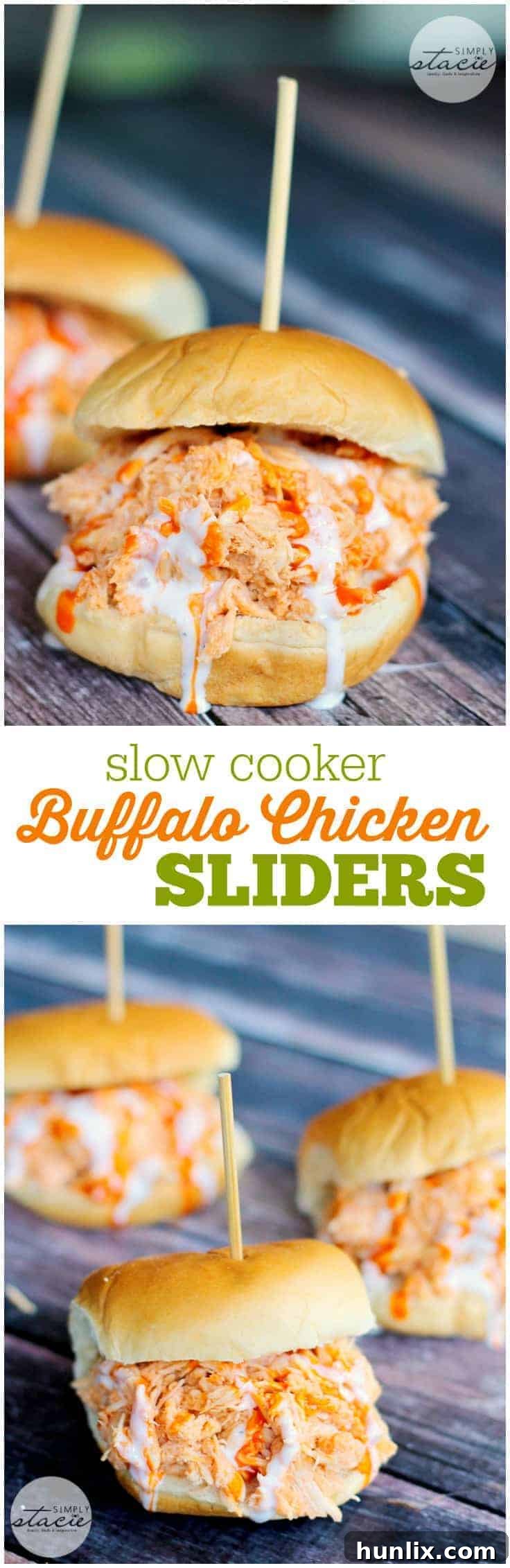 A large collage featuring various stages of Slow Cooker Buffalo Chicken Sliders preparation and the final dish.