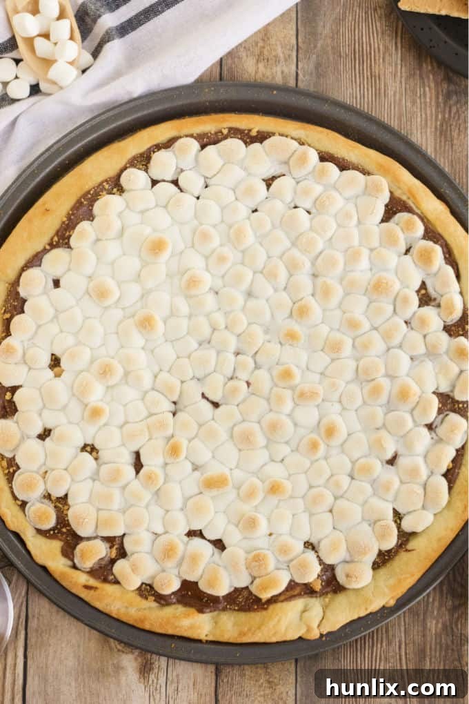 Gooey Smores Dessert Pizza 2 A perfectly baked S'mores Pizza with golden brown marshmallows, melted chocolate, and graham cracker crumbs on a warm crust, ready to be sliced.