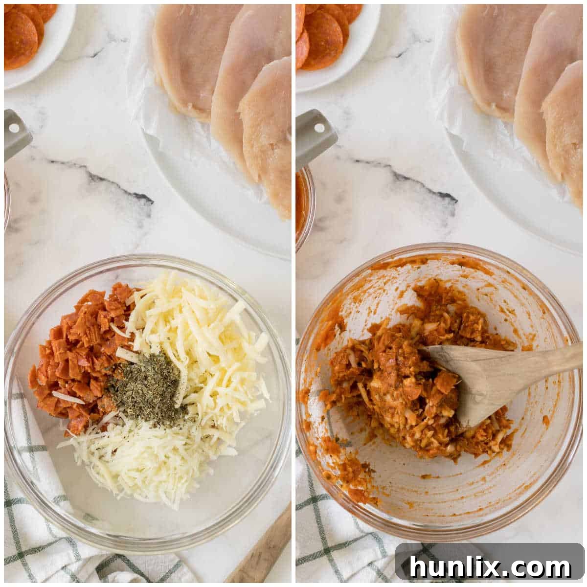 A bowl of marinara, pepperoni, and cheese filling being mixed for the chicken, next to raw chicken breasts.