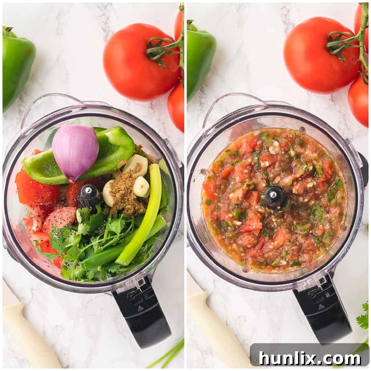 Sequential steps illustrating the process of preparing garden salsa, from chopping vegetables to blending them in a food processor.