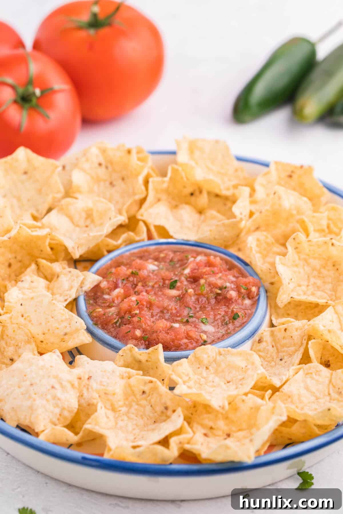 A beautifully arranged platter featuring a bowl of fresh garden salsa, surrounded by a generous portion of crispy tortilla chips, perfect for entertaining.