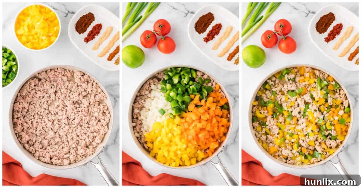 First steps of making one-pot chicken fajita rice: browning ground chicken and sautéing peppers and onions.