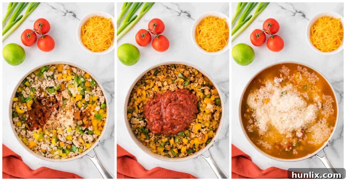 Mid-process of making one-pot chicken fajita rice: adding spices, salsa, broth, and rice to the pan.
