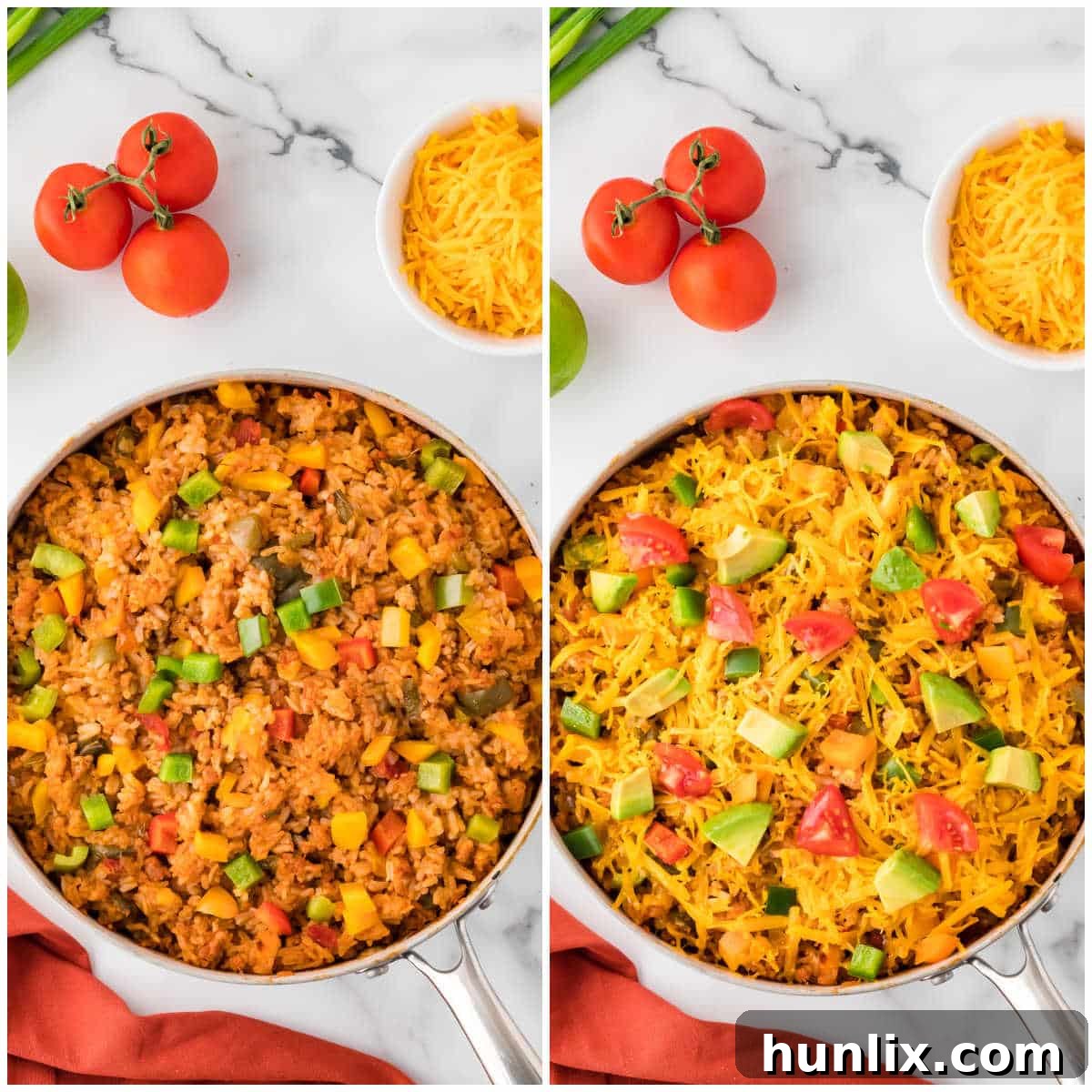 Final steps of making one-pot chicken fajita rice: adding cheese, avocado, and tomatoes, then covering to melt.