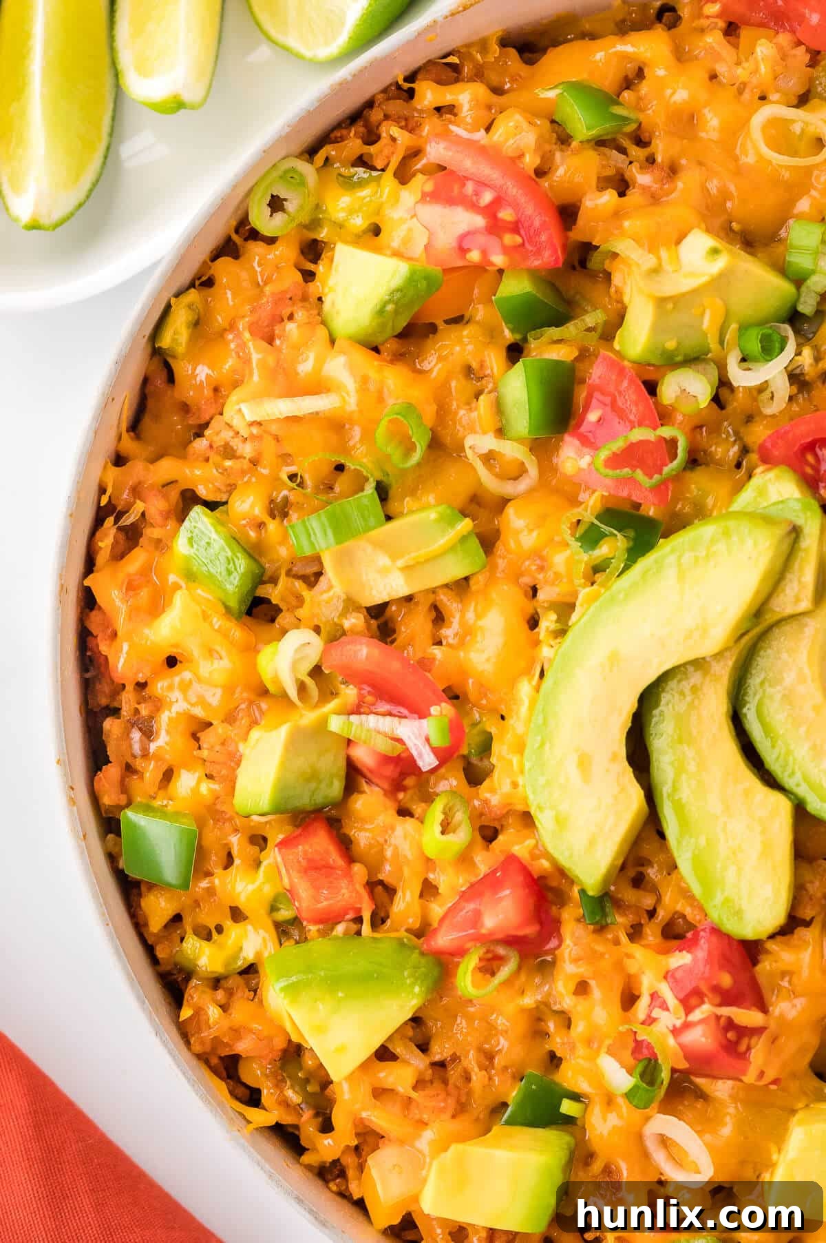 One-pot chicken fajita rice served directly from the pan, showing the vibrant colors.