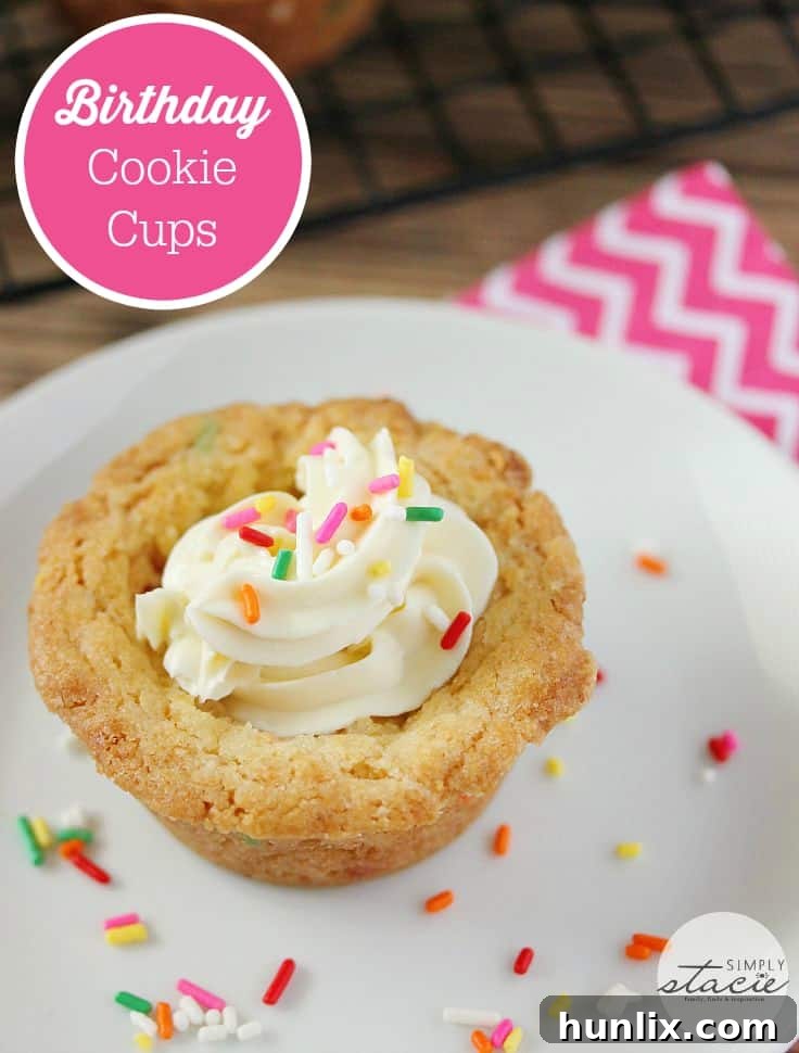 Birthday Cookie Cups - Your new birthday party staple! These bite-size cookie cups are filled with cream cheese frosting and bursting with sprinkles.