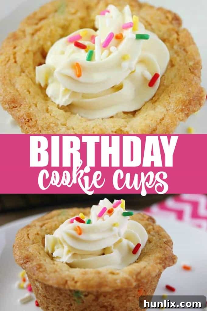 Birthday Cookie Cups - Your new birthday party staple! These bite-size cookie cups are filled with cream cheese frosting and bursting with sprinkles.