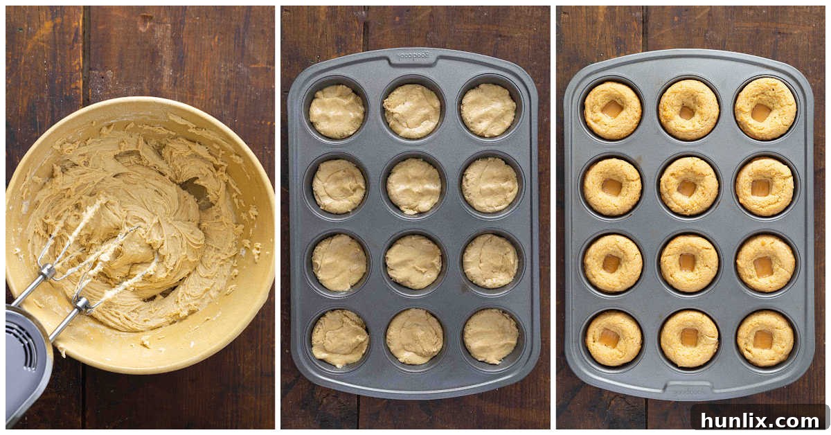 A visual collage showing the step-by-step process of preparing the cake cups, from dough to shaping.