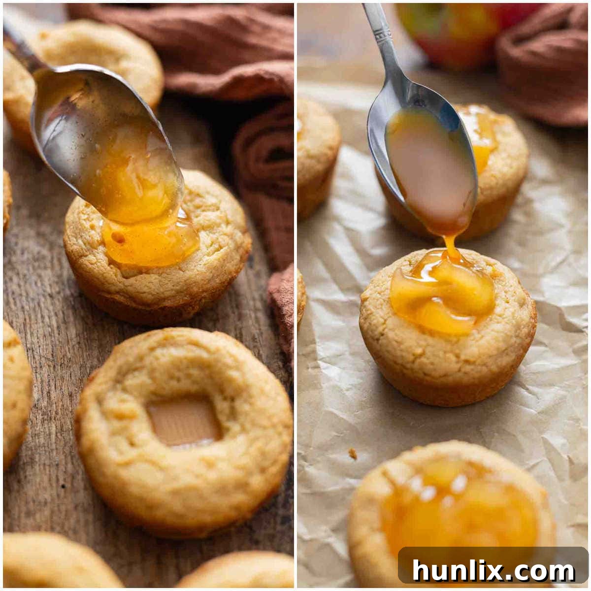 A visual collage illustrating the final steps of adding apple pie filling and caramel drizzle to the cooled cake cups.
