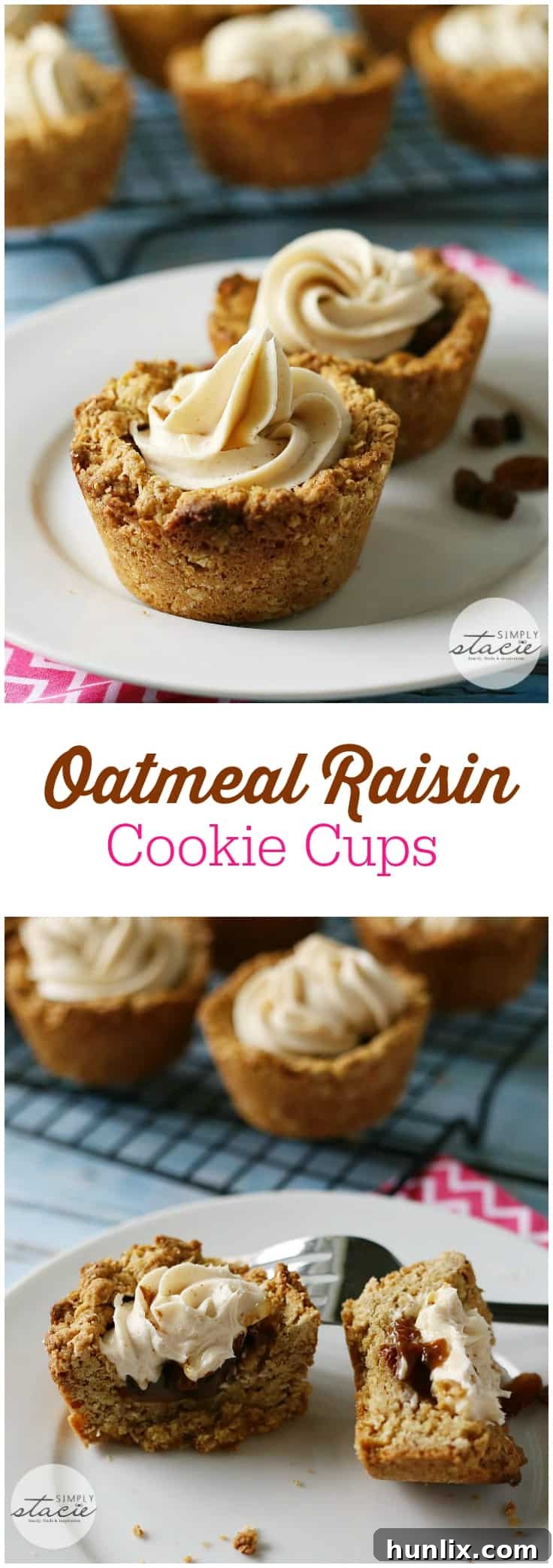 A detailed collage featuring the various stages of making and enjoying Oatmeal Raisin Cookie Cups.