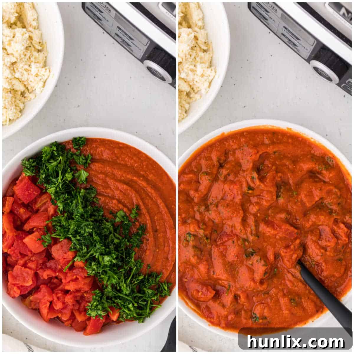 A bowl of pasta sauce and diced tomatoes, showing the second preparation step for slow cooker lasagna.
