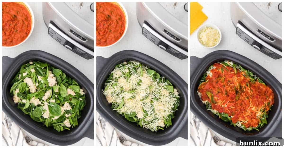 More layers of lasagna ingredients, including ricotta and mozzarella, being added to the slow cooker.