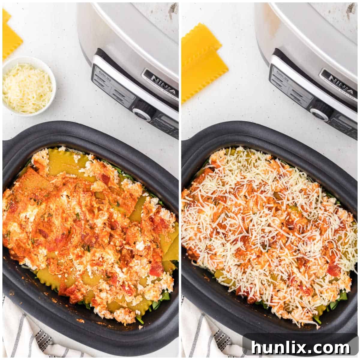 The final layer of mozzarella cheese on the slow cooker lasagna before cooking.