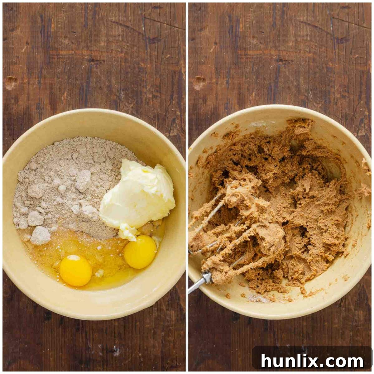 Autumn's Embrace Cakelets 4 A step-by-step collage illustrating the preparation of the cake mix: initially showing ingredients in a bowl, then during the mixing process, and finally the resulting cohesive dough.