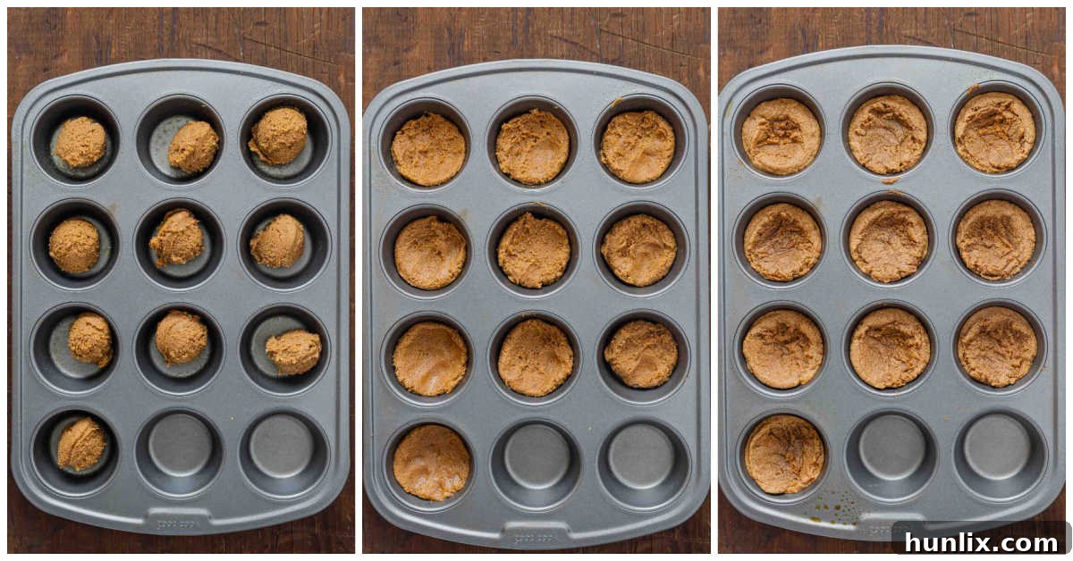 Autumn's Embrace Cakelets 5 A visual collage illustrating the precise steps involved in shaping the cake cups within a muffin pan: pressing the dough, an initial bake, and utilizing a spoon to create and refine the distinct cup indentation.