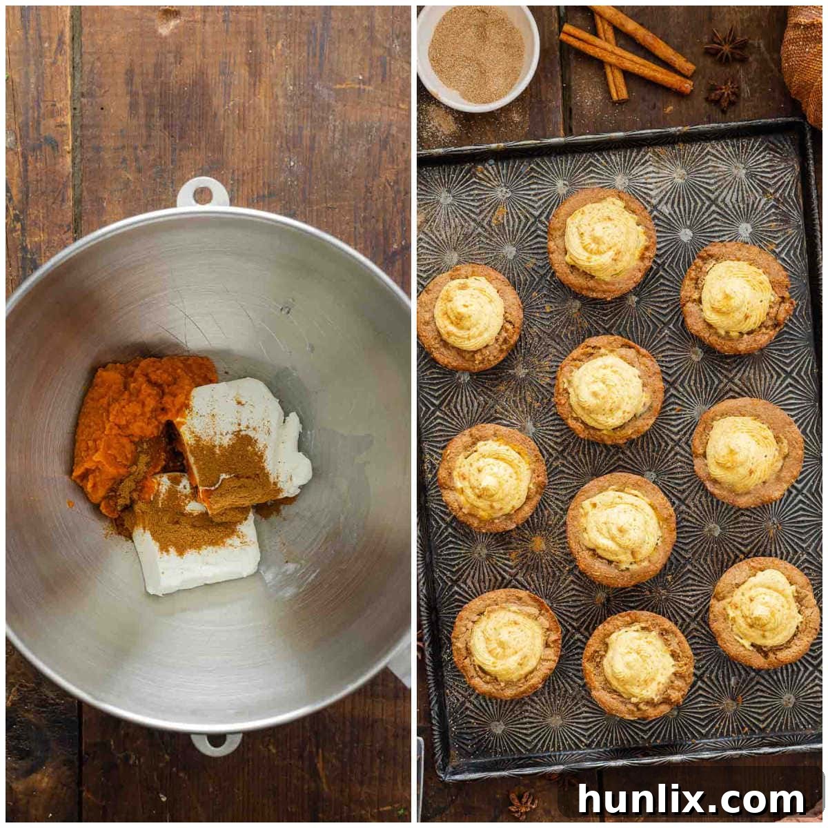 Autumn's Embrace Cakelets 6 A collage demonstrating the process of preparing the smooth pumpkin cheesecake filling and the careful technique of piping it into the baked and cooled cake cups.