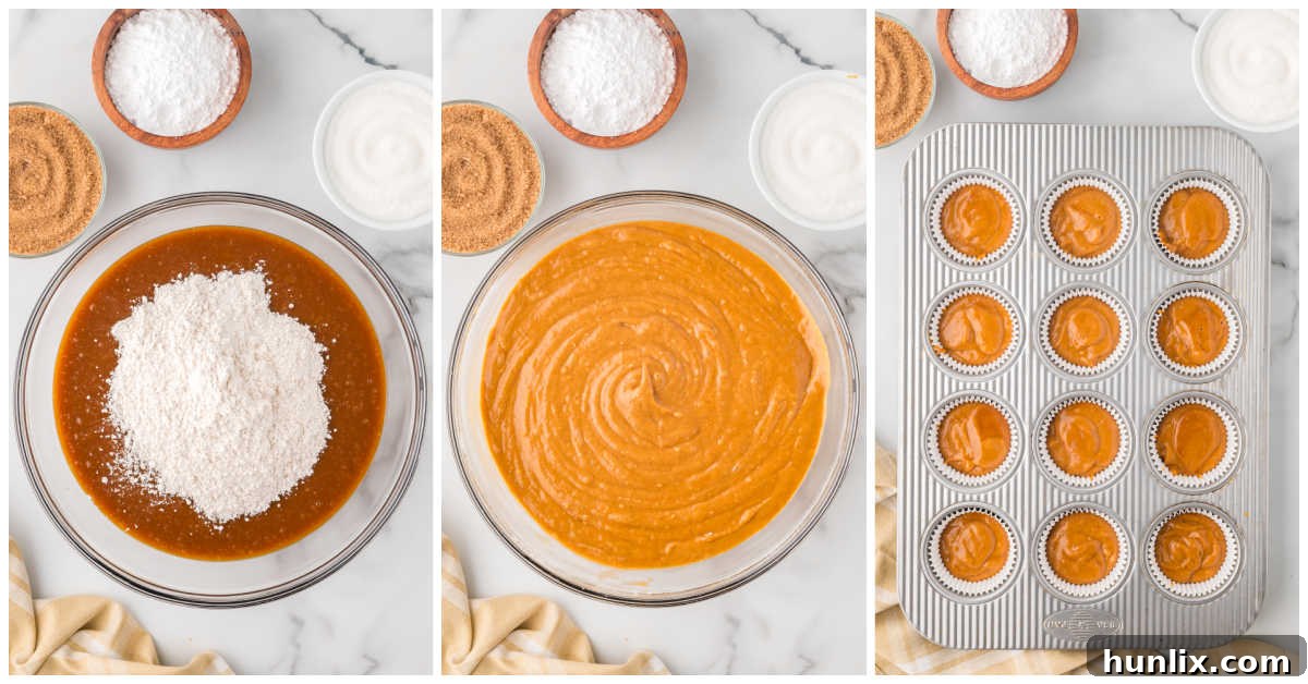 Collage of adding the dry ingredients to the wet and then adding to a cupcake pan.