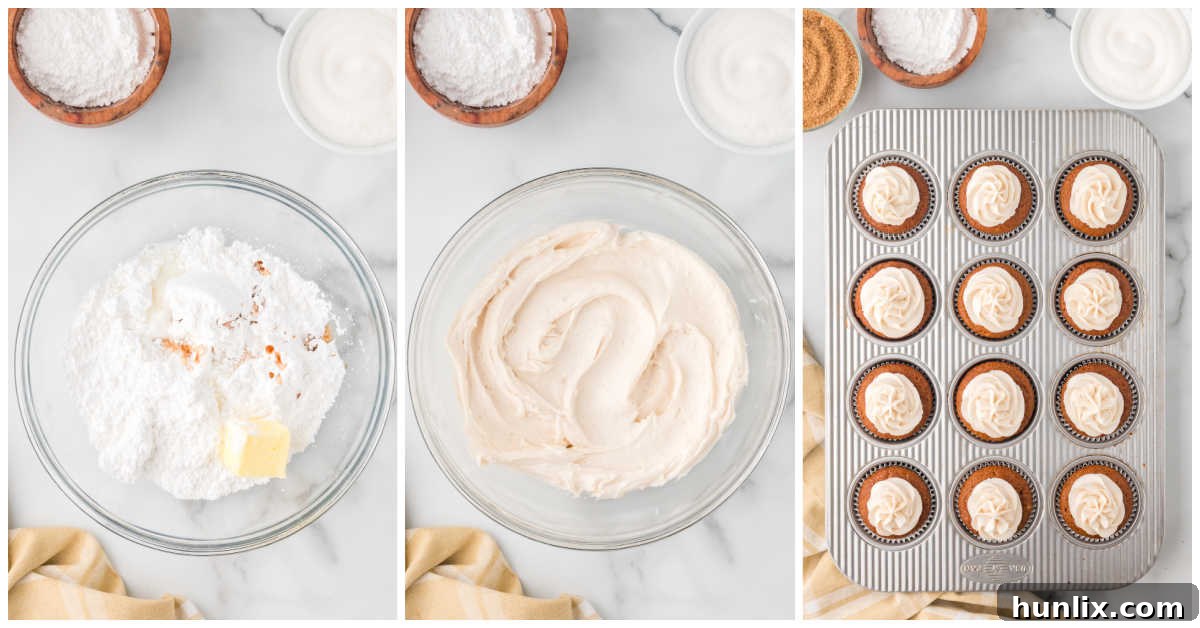 Collage of making the frosting and then adding to the cupcakes.