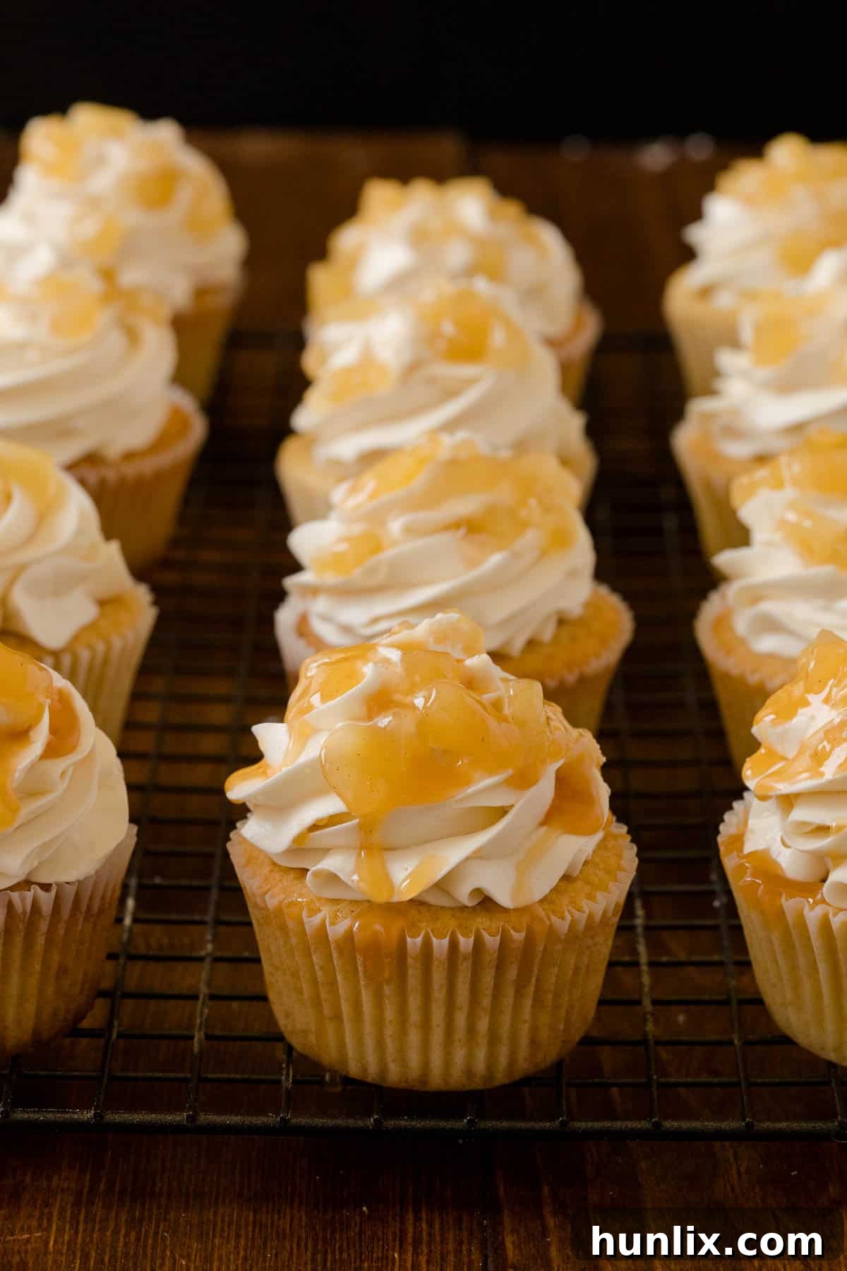 Decadent Caramel Apple Cupcakes 2 Delicious Caramel Apple Cupcakes topped with caramel drizzle and a hint of apple pie filling, ready to be enjoyed.