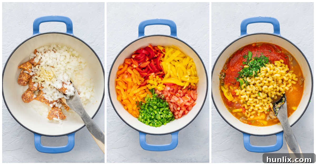 Spicy Sausage Skillet Pasta with Peppers 4 A Dutch oven with sautéed sausage, onions, garlic, and peppers before adding sauce and pasta.