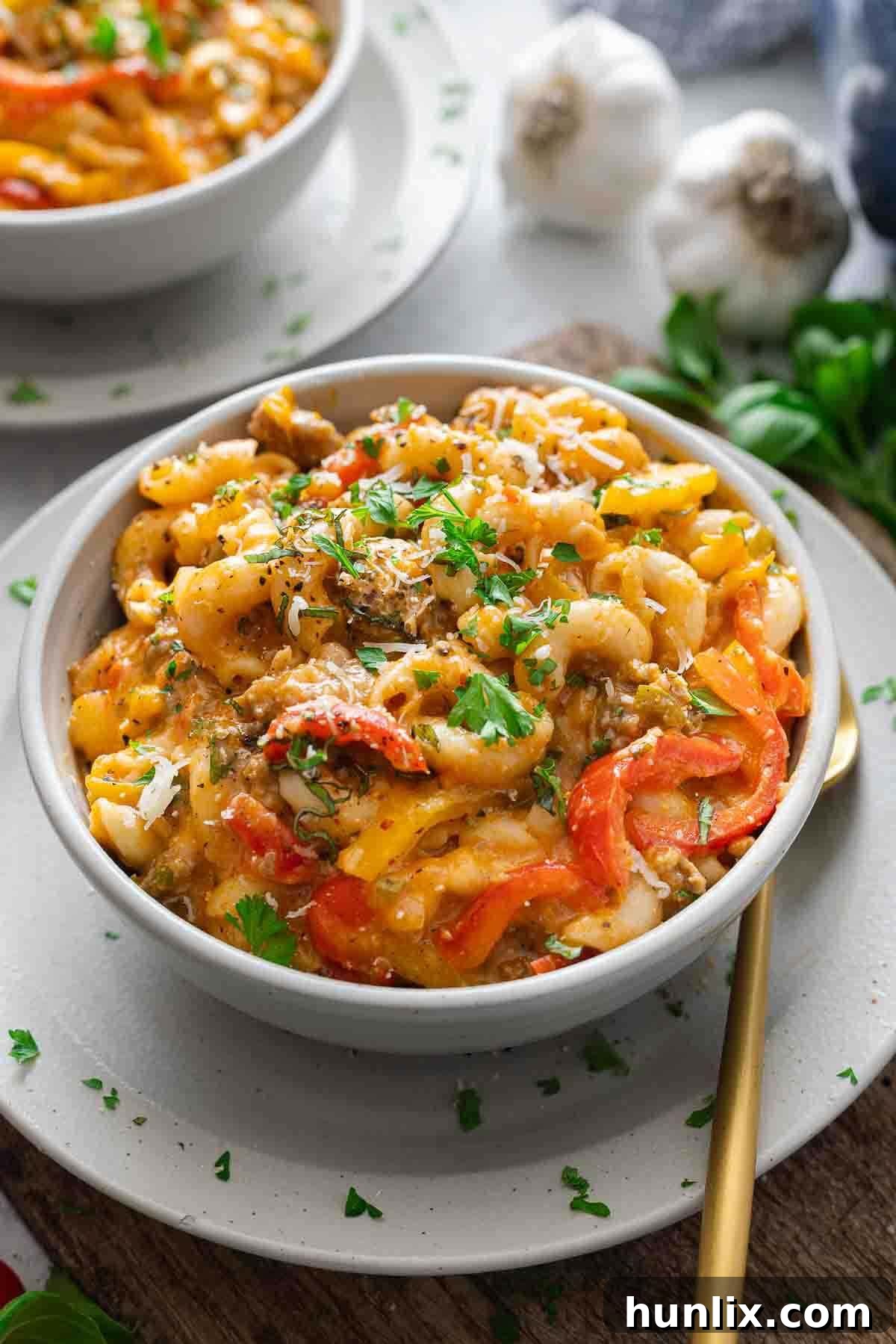 Spicy Sausage Skillet Pasta with Peppers 6 A bowl of spicy sausage and pepper pasta, garnished with fresh herbs, ready to be eaten.
