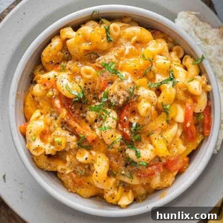 Spicy Sausage Skillet Pasta with Peppers 8 A bowl of spicy sausage and pepper pasta.