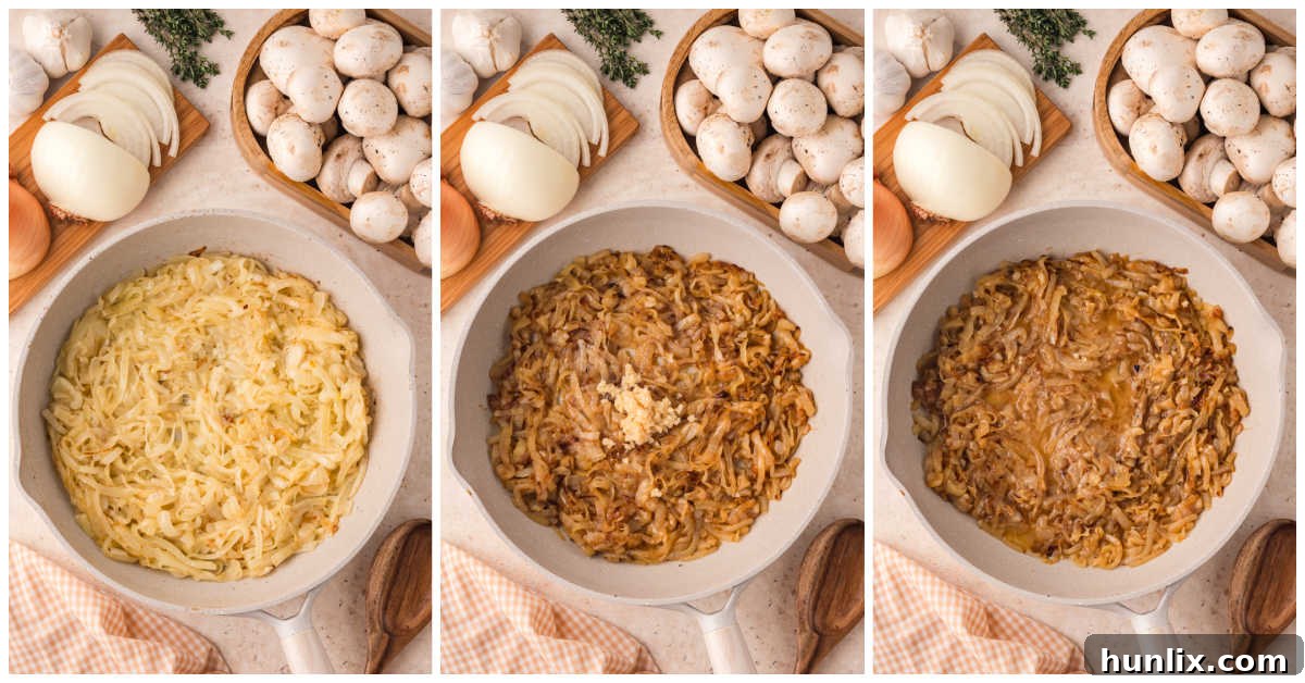 Collage of caramelizing onions in a pan.