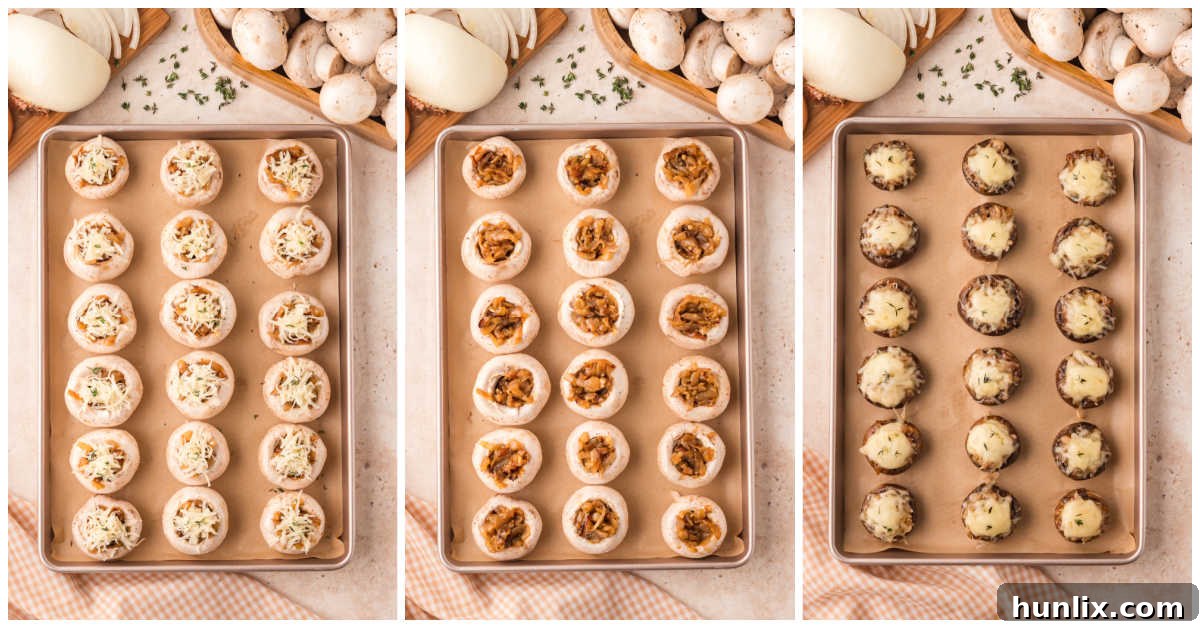 Collage of stuffing and baking the mushrooms.