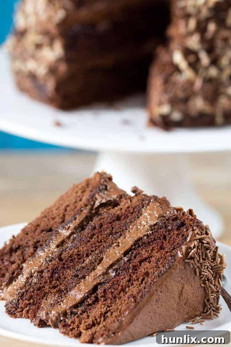 Side view of Chocoholics Chocolate Mousse Cake, highlighting the impressive layers and smooth, rich chocolate mousse frosting.